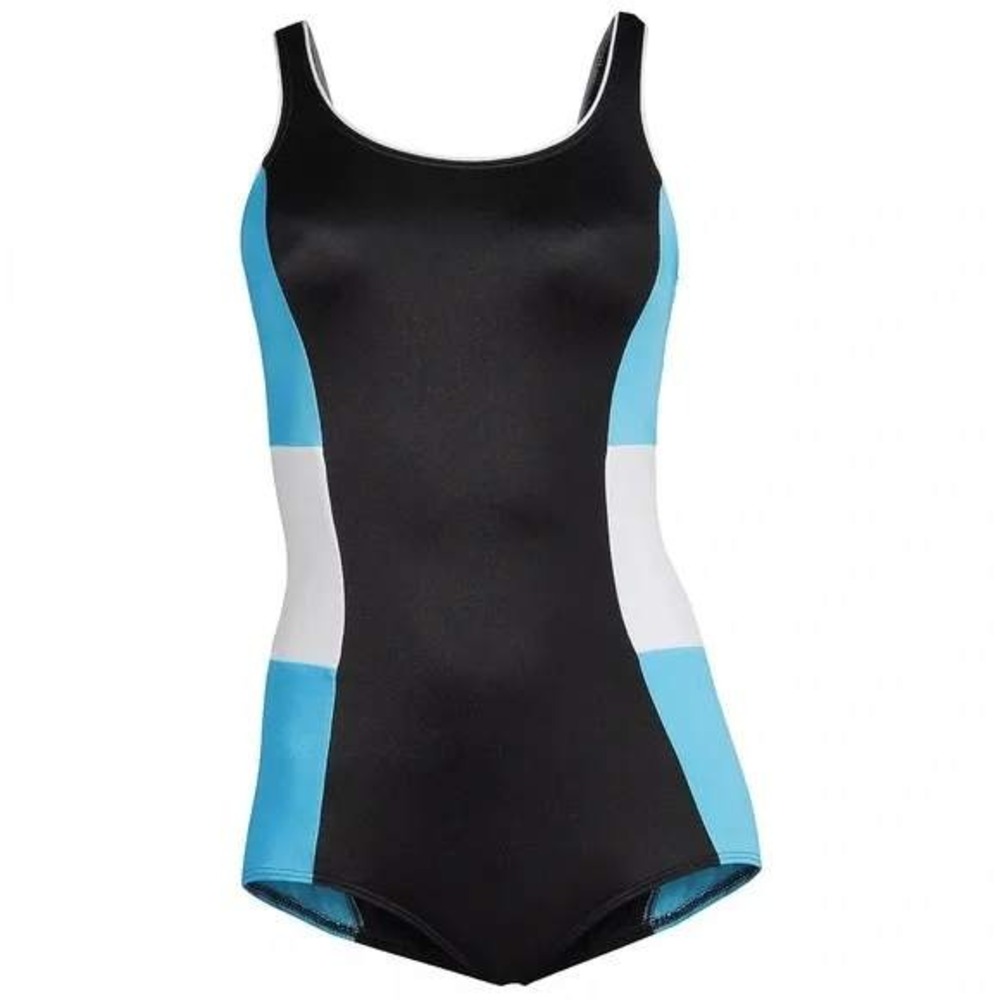 Land's End Women's 14 Colorblock Sporty Tugless‎ One Piece Swimsuit Black/turquo